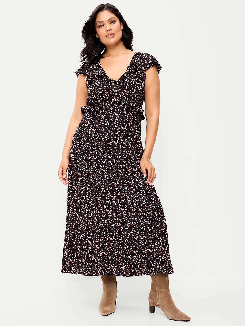 Flutter-Sleeve Crepe Maxi Dress