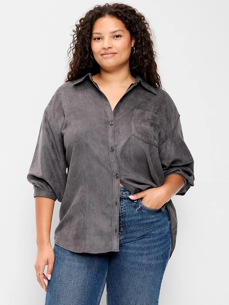 Oversized Faux-Suede Button-Down Boyfriend Shirt