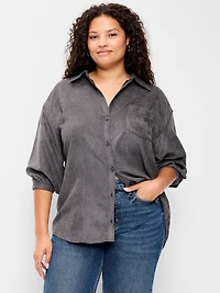 Oversized Faux-Suede Button-Down Boyfriend Shirt