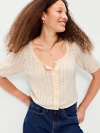 Seaside Cotton Short-Sleeve Button-Down Sweater