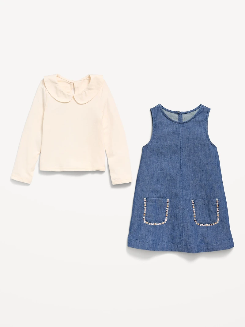 Long-Sleeve Collared Top and Dress Set for Toddler Girls