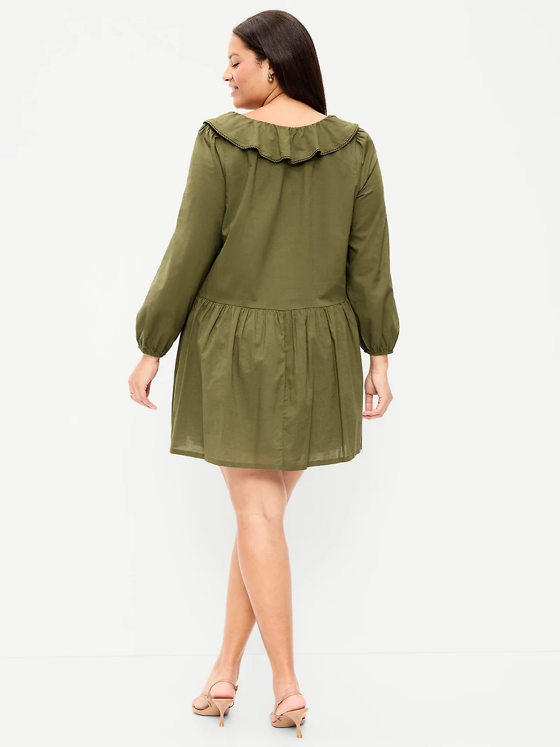 Long-Sleeve Ruffle-Collar Swing Mini Dress