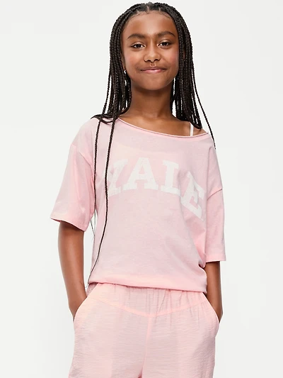 College Off-Shoulder Graphic T-Shirt for Girls