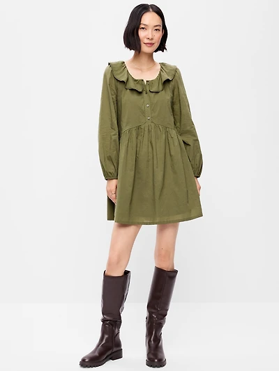 Long-Sleeve Ruffle-Collar Swing Mini Dress