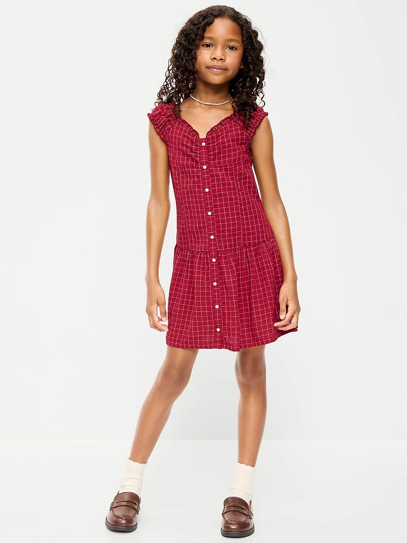 Short-Sleeve Fit and Flare Button-Front Dress for Girls
