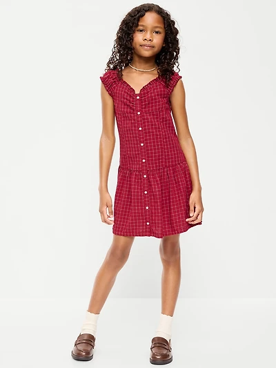 Short-Sleeve Fit and Flare Button-Front Dress for Girls