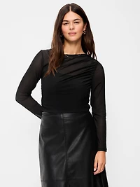 Long-Sleeve Asymmetrical Unlined Mesh Top
