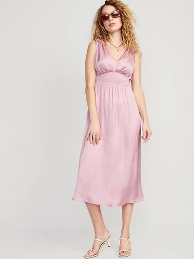 Waist-Defined Tie-Back Satin Maxi Dress