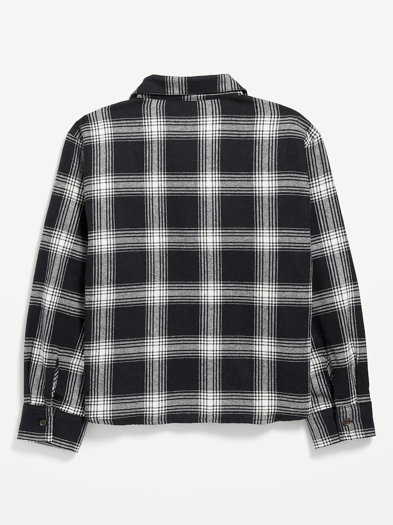 Cropped Long-Sleeve Plaid Pocket Flannel Shirt for Girls
