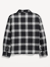 Cropped Long-Sleeve Plaid Pocket Flannel Shirt for Girls