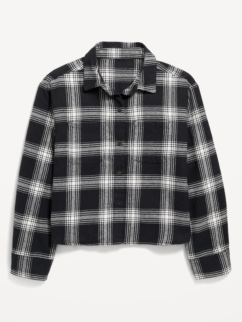 Cropped Long-Sleeve Plaid Pocket Flannel Shirt for Girls