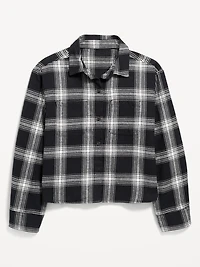 Cropped Long-Sleeve Plaid Pocket Flannel Shirt for Girls