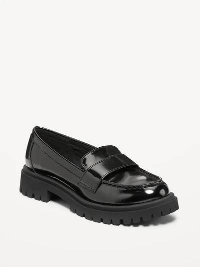Faux-Leather Chunky Heel Loafers