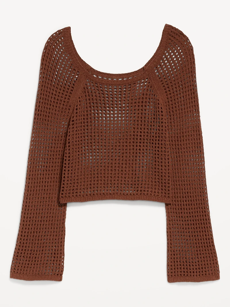 Open-Stitch Cropped Bouclé Sweater