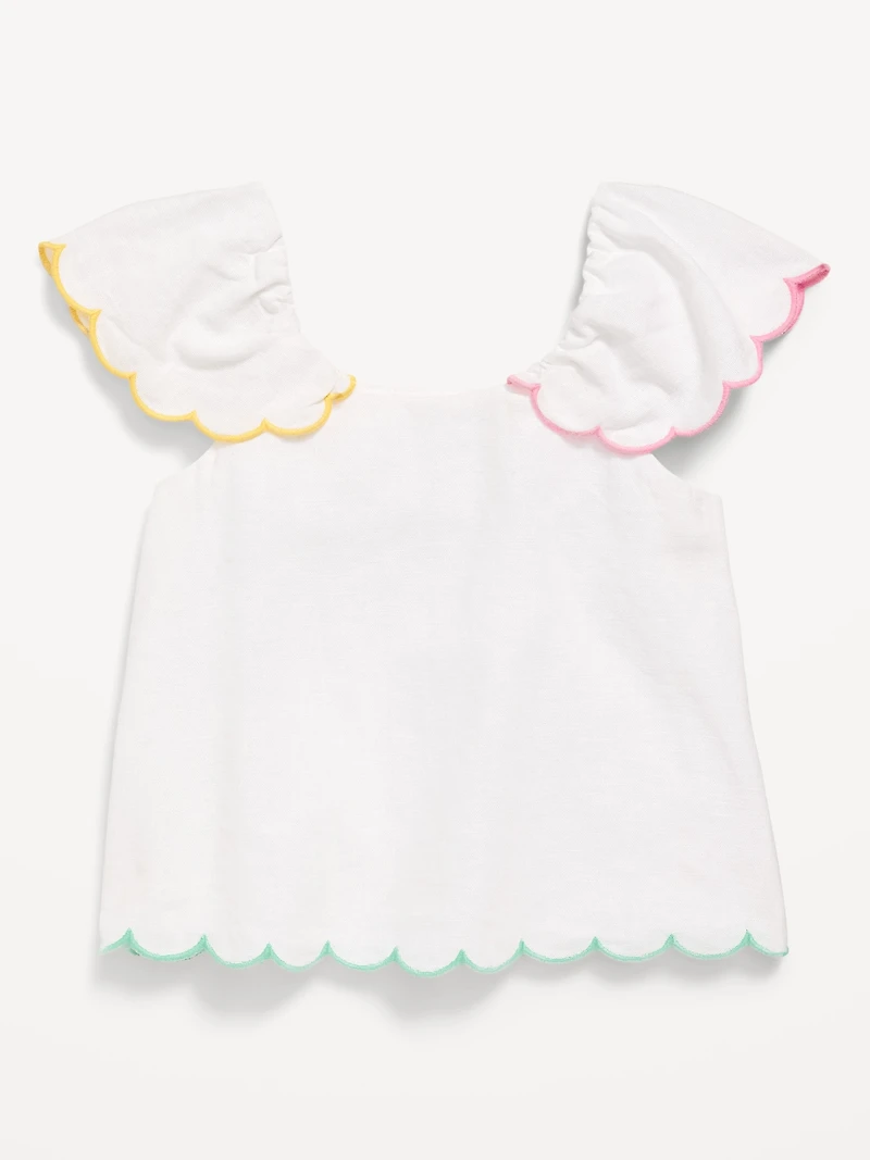 Short-Sleeve Linen-Blend Scallop-Trim Top for Toddler Girls