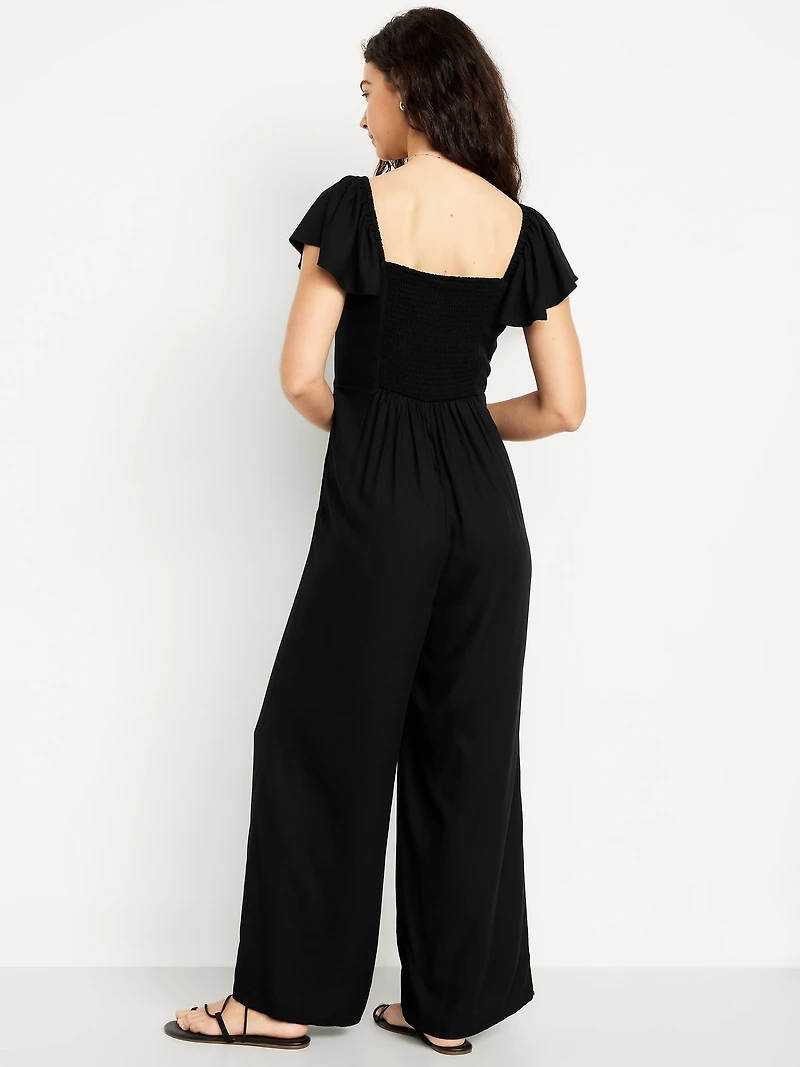 Fit & Flare Flutter-Sleeve Crepe Jumpsuit