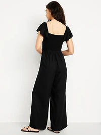 Fit & Flare Flutter-Sleeve Crepe Jumpsuit