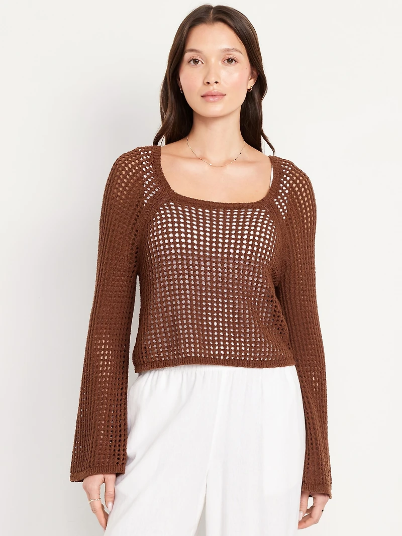 Open-Stitch Cropped Bouclé Sweater