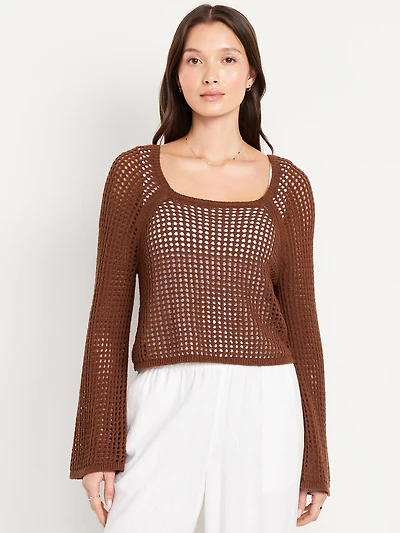 Open-Stitch Cropped Bouclé Sweater