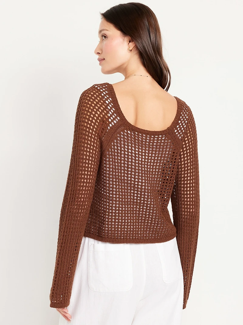Open-Stitch Cropped Bouclé Sweater