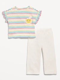 Ribbed Ruffle-Trim Top and Wide-Leg Pants Set for Toddler Girls