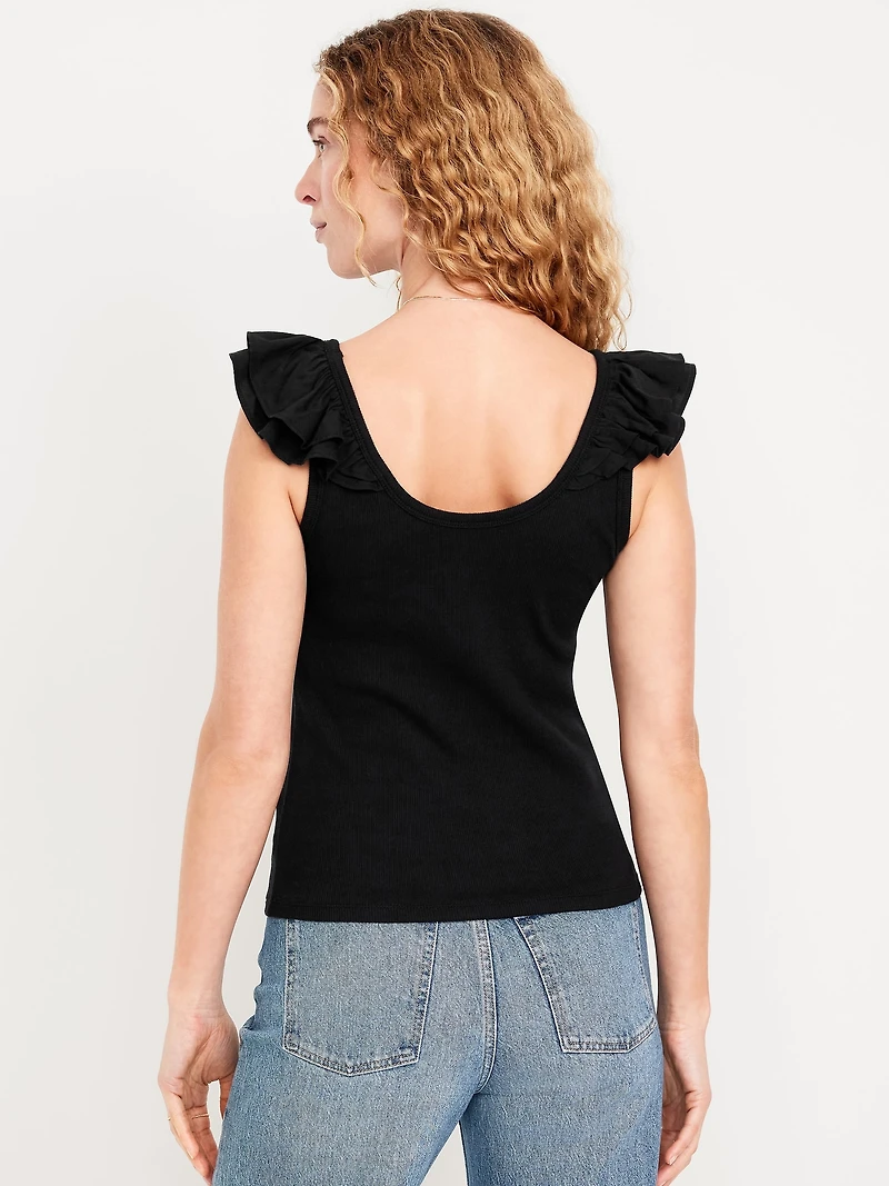 Ruffle-Trim Mixed Material Top