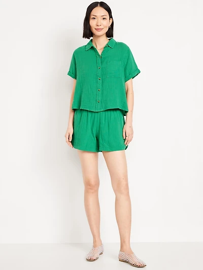 High-Waisted Crinkle Gauze Shorts -- 4-inch inseam