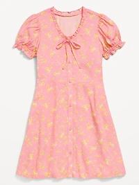 Printed Short-Sleeve Button-Front Fit and Flare Dress for Girls