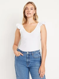 Ruffle-Trim Mixed Material Top