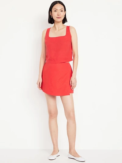 High-Waisted Linen-Blend Mini Skort