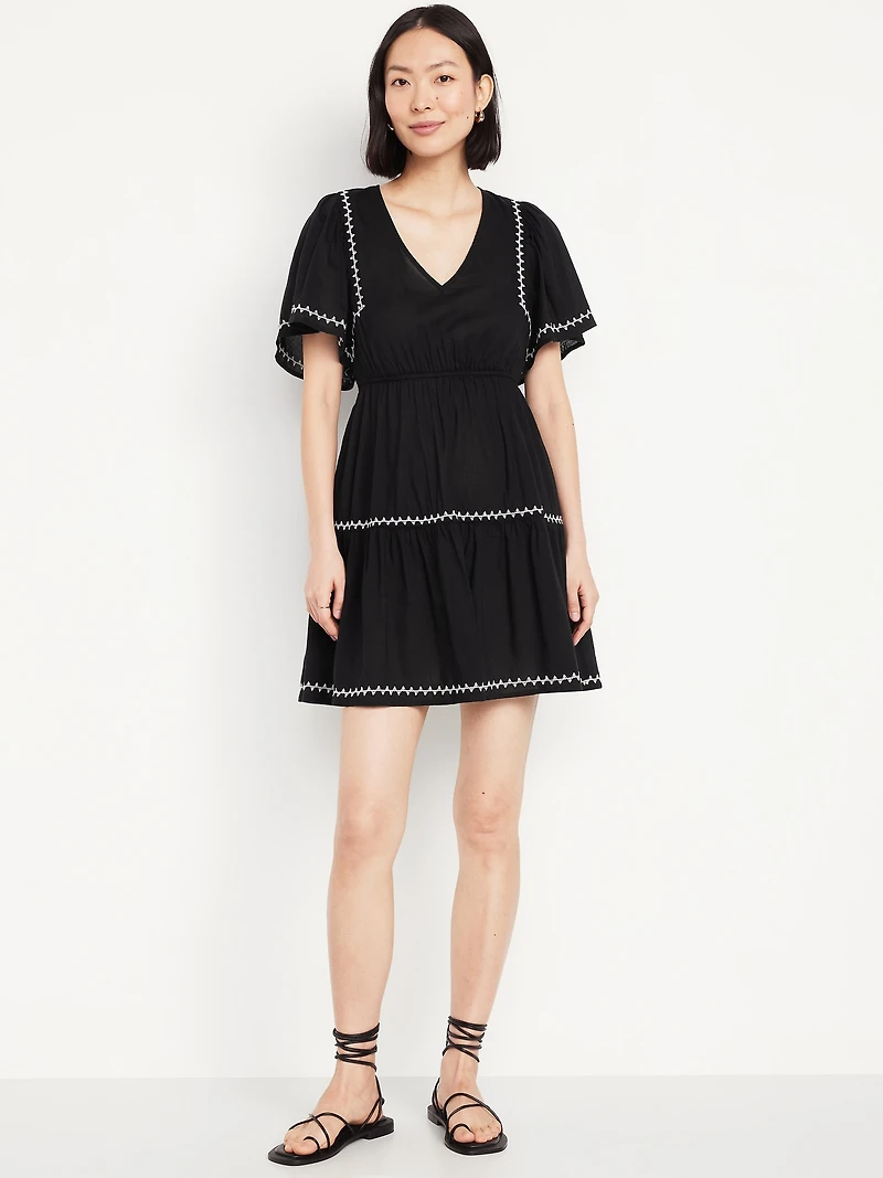 Waist-Defined Embroidered Mini Dress