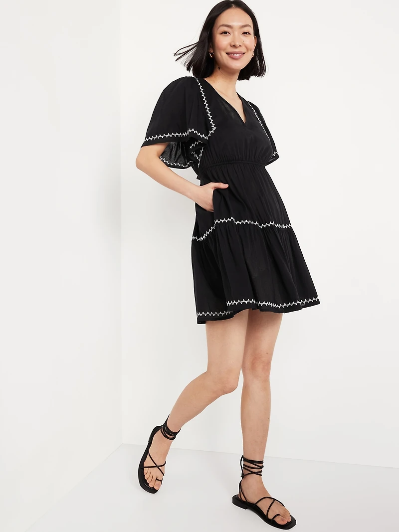 Waist-Defined Embroidered Mini Dress