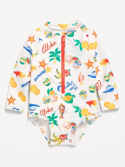 Printed Zip-Front Rashguard One-Piece Swimsuit