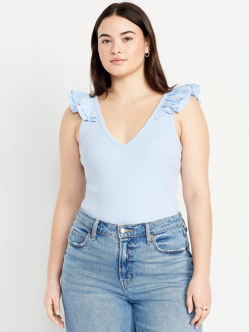 Ruffle-Trim Mixed Material Top