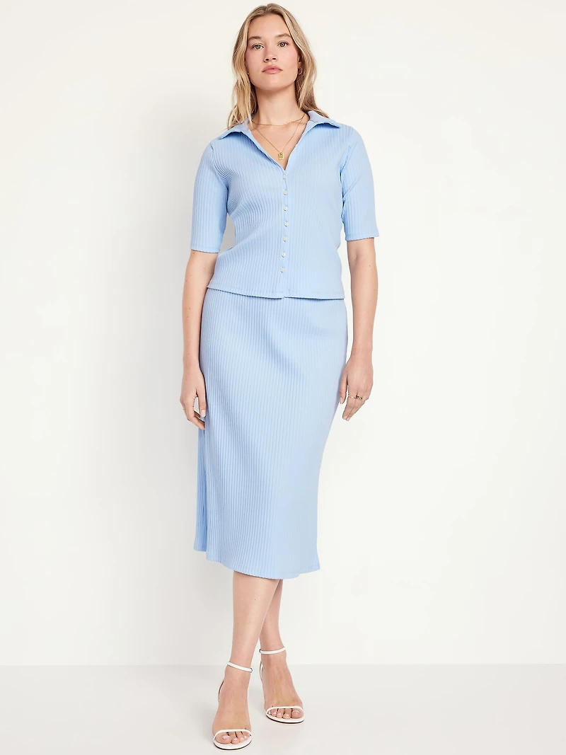 High-Waisted Ribbed Midi Skirt