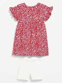 Printed Flutter-Sleeve Dress and Biker Shorts Set for Toddler Girls