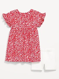 Printed Flutter-Sleeve Dress and Biker Shorts Set for Toddler Girls