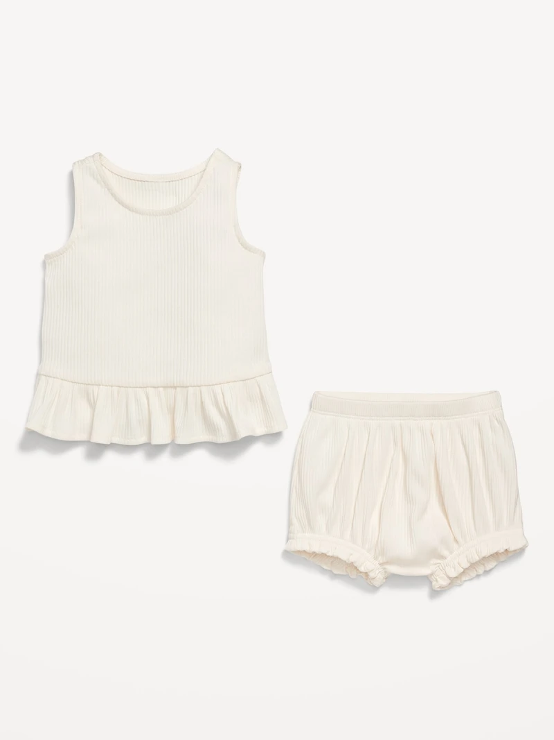 Sleeveless Ribbed Ruffle-Trim Top and Shorts Set for Baby