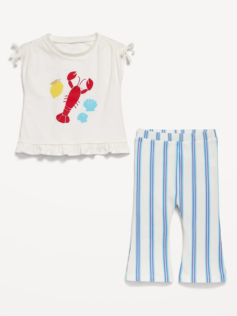 Printed Ruffle-Trim Top and Ribbed Flare Leggings Set for Baby