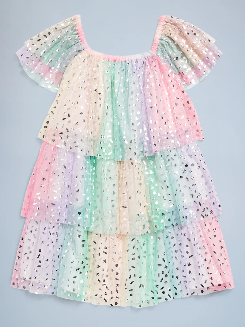 Birthday Short-Sleeve Tulle Tiered Dress for Toddler Girls