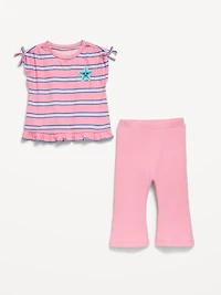 Printed Ruffle-Trim Top and Ribbed Flare Leggings Set for Baby