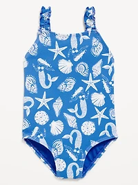 Printed Textured Ruffle-Strap One-Piece Swimsuit for Toddler Girls
