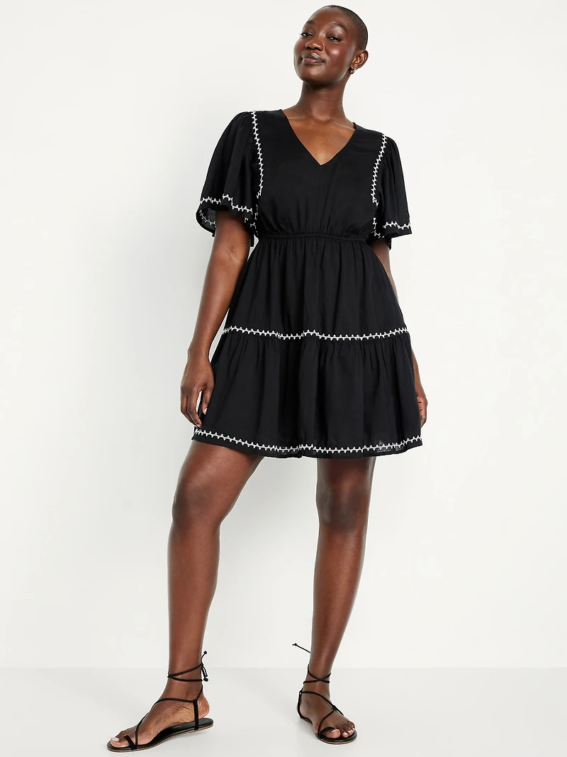 Waist-Defined Embroidered Mini Dress