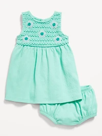 Sleeveless Crochet-Panel Dress and Shorts Set for Baby