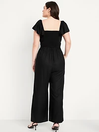 Fit & Flare Flutter-Sleeve Crepe Jumpsuit