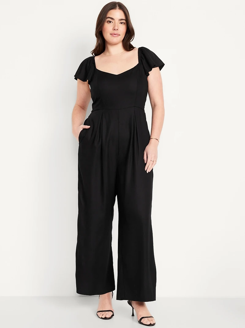 Fit & Flare Flutter-Sleeve Crepe Jumpsuit
