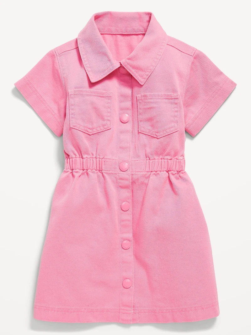 Short-Sleeve Cinched-Waist Twill Dress for Toddler Girls
