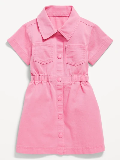 Short-Sleeve Cinched-Waist Twill Dress for Toddler Girls