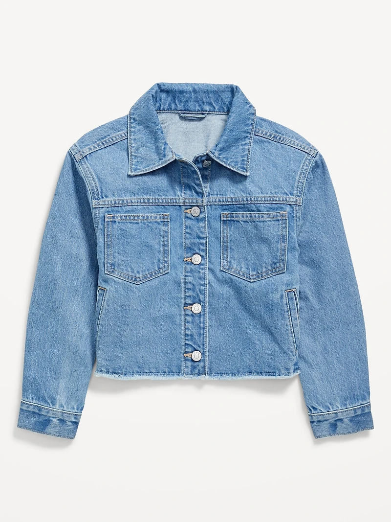 Oversized Floral-Back Cut-Off Jean Jacket for Girls