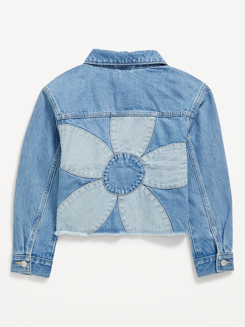 Oversized Floral-Back Cut-Off Jean Jacket for Girls